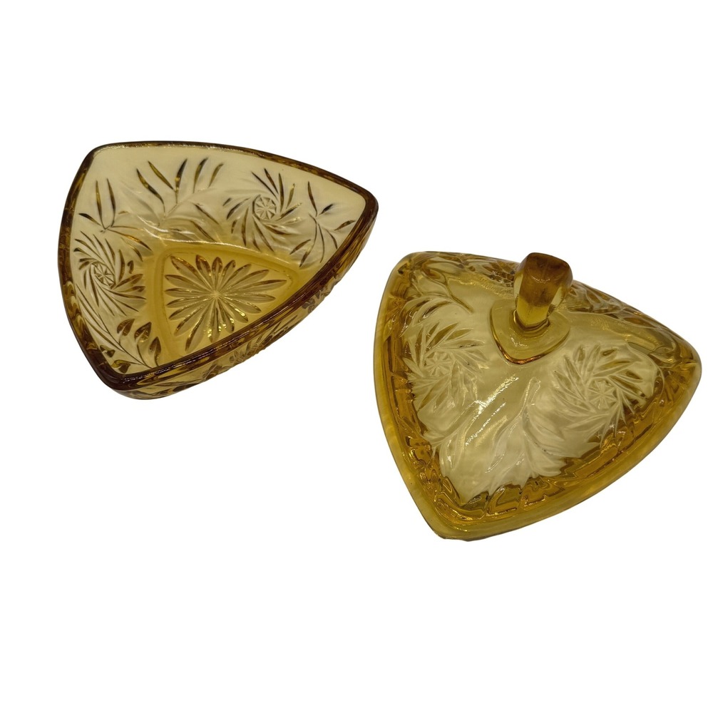 Vintage Amber Hazel Glass Triangle Candy Dish and Lid Pinwheel Starburst 1950s - Picture 3 of 14